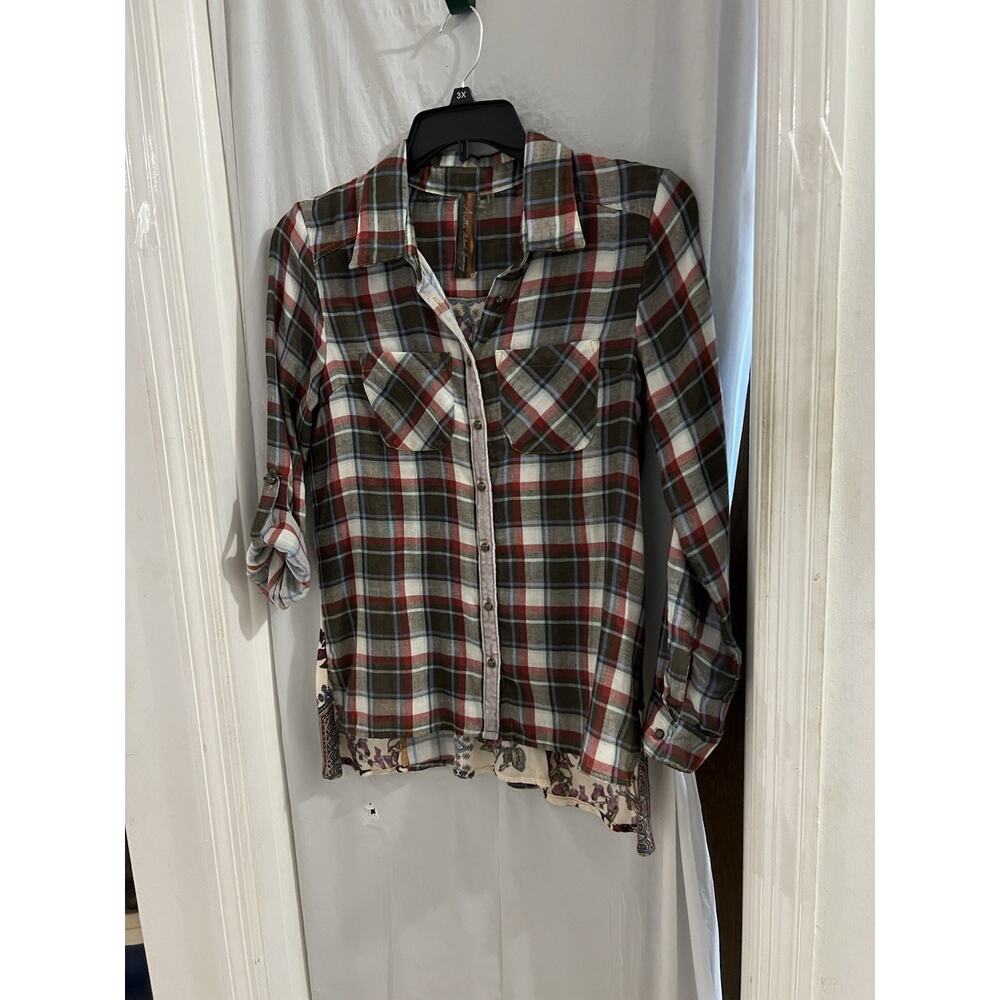 Arrata Silent Journey Multicolor Mixed Print Button Front Top Sz S Velvet Trim